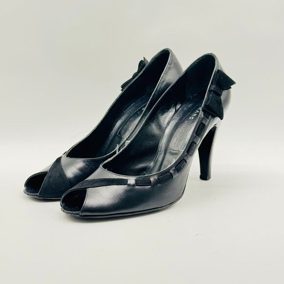 Marc Jacobs Shoes Womens 7.5 Black Velvet Patent Leather Heels Bow Peep Toe Pump - Picture 2 of 13